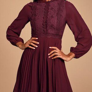 Lulus Charlisa Burgundy Lace Long Sleeve Skater Dress Red - Size XS